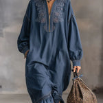 Women's Stand Collar Long Sleeve Casual Loose Ruffled Cotton Dress