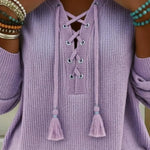 Boho Style Casual V-neck Drawstring Tassel Pullover