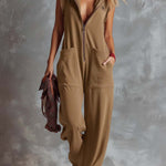 Women's Solid Color Sleeveless Casual Loose Hooded Cotton Wide-leg Jumpsuit