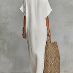 Women's Solid Color Collared Short-sleeved Casual Loose Linen Dress