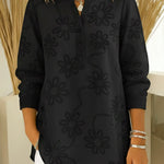 Romantic Floral Embroidered Henley Collar Split Hem Shirt