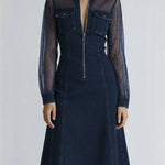 A Stylish Denim Dress With Mesh Sleeve Paneling.