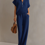 Casual Zippered Stand-collar Top And Straight-leg Pants Knitted Set