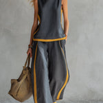 Women's Round Neck Sleeveless Casual Loose Top And High-waisted Loose Wide-leg Pants Cotton And Linen Set.