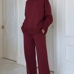 Casual Travel Stand Collar Side Zipper Top Straight Pants Two-Piece Set