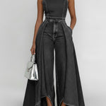 Women's Round Neck Sleeveless Casual Loose Wide-leg Denim Jumpsuit