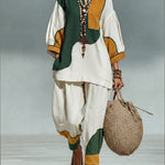 Casual Artistic Color-blocked Linen And Cotton Top And Pants Two-piece Set