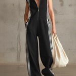 Cozy Casual Sports Striped Zip-up Jumpsuit
