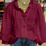Women's Vintage Flower Art Print Casual Cotton And Linen Ruffle Shirt