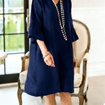 Women's Solid Color V-neck Three-quarter Sleeve Casual Loose Cotton And Linen Dress