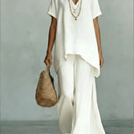 Classic Casual Short-sleeved Linen And Cotton Top And Wide-leg Pants Two-piece Set