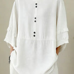 Women's Solid Color Casual Round Neck Button Cotton Linen Shirt