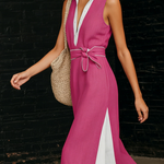 Retro Color-blocked Lapel Maxi Dress With Belt