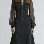 A Stylish Denim Dress With Mesh Sleeve Paneling.