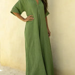 Women's Solid Color Casual V-Neck Cotton Linen Maxi Dress