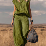 Women's Solid Color Stand-collar Sleeveless Casual Loose Faux Suede Wide-leg Pants Set