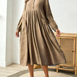 Women's Solid Color Round Neck Long-sleeved Casual Loose Cotton And Linen Dress