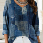 Women's Retro Patchwork Print Casual Denim Shirt