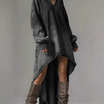 Women's V-neck Long-sleeved Casual Loose-fitting Denim Dress With A Shorter Front And Longer Back Hem.