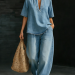 Minimalist Cozy Short-sleeved Top Wide-leg Jeans Denim Set