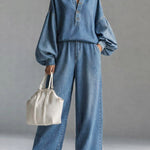 Women's V-neck Long-sleeved Casual Loose Denim Top And High-waisted Loose Wide-leg Denim Pants Set.