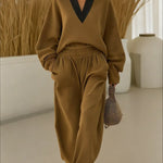Women's Color Block V-neck Long-sleeve Casual Loose Sweatshirt With Elastic Waist And Wide-leg Pants Set
