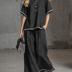 Women's Round Neck Short-sleeved Casual Loose Denim Top And High-waisted Wide-leg Denim Pants Set.