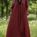 Retro Cozy Color-blocked V-neck Linen Dress