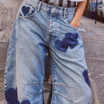 Women's Vintage Love Pattern Art Print Casual Cotton Denim Jeans
