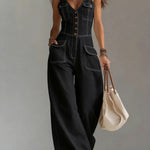 Women's Casual Denim Jumpsuit With Wide-leg Pants