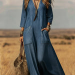 Casual V-neck Patch Pockets Denim Dress