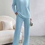 Women's Solid Color Casual Straight Leg Pants Loose V-neck Knit Set
