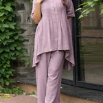 Women's Round Neck Short Sleeve Casual Loose Pleated Top And High-waisted Wide-leg Pants Cotton And Linen Set.