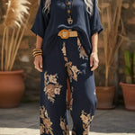 Button-down Top And Printed Wide-leg Trousers Linen Two-piece Set