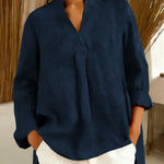 Women's Solid Color V-neck Long Sleeve Casual Loose Cotton Top