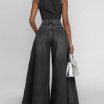 Women's Round Neck Sleeveless Casual Loose Wide-leg Denim Jumpsuit