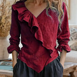 Women's Solid Color V-neck Long Sleeve Casual Loose Ruffled Cotton Linen Top