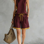 Women's Round Neck Sleeveless Casual Loose Vest And Elastic Waist Casual Loose Shorts Cotton And Linen Set.