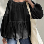 Women's Round Neck Long-sleeved Loose-fitting Casual Denim Top.