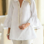 Women's Solid Color V-neck Three-quarter Sleeve Casual Loose Cotton And Linen Top