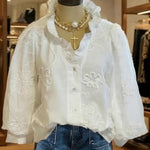 Women's Vintage Flower Art Print Casual Cotton And Linen Ruffle Shirt