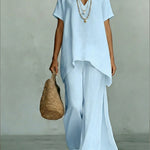 Classic Casual Short-sleeved Linen And Cotton Top And Wide-leg Pants Two-piece Set