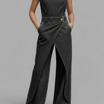 Women's Relaxed Round Neck Sleeveless Casual Loose Denim Wide-leg Jumpsuit