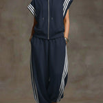 Women's Solid Color Stand-collar Short-sleeved Casual Loose Cotton Top And High-waisted Wide-leg Cotton Pants Set.