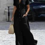 Women's Casual Urban Plain Buttoned Shirt Collar Maxi Cotton Dress