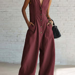 Elegant Lapel Button-up Loose-fitting Linen Jumpsuit