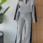Women's Color-blocked Cardigan Collar Long-sleeved Casual Loose Top And High-waisted Casual Loose Color-blocked Wide-leg Pants S