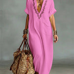 Loose-fitting V-neck Linen And Cotton Dress