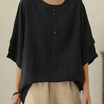 Women's Solid Color Casual Round Neck Button Cotton Linen Shirt