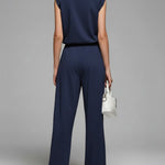 Women's Lapel Sleeveless Casual Loose Top And Elastic Waist Loose Wide-leg Pants Cotton Set